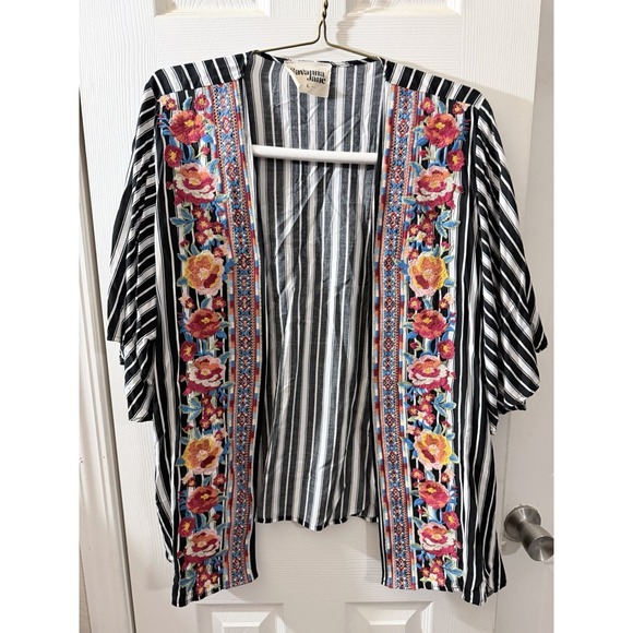 Savanna Jane Tops - Savanna Jane Tribal Floral Embroidered Black Stripe Topper Kimono Size Large